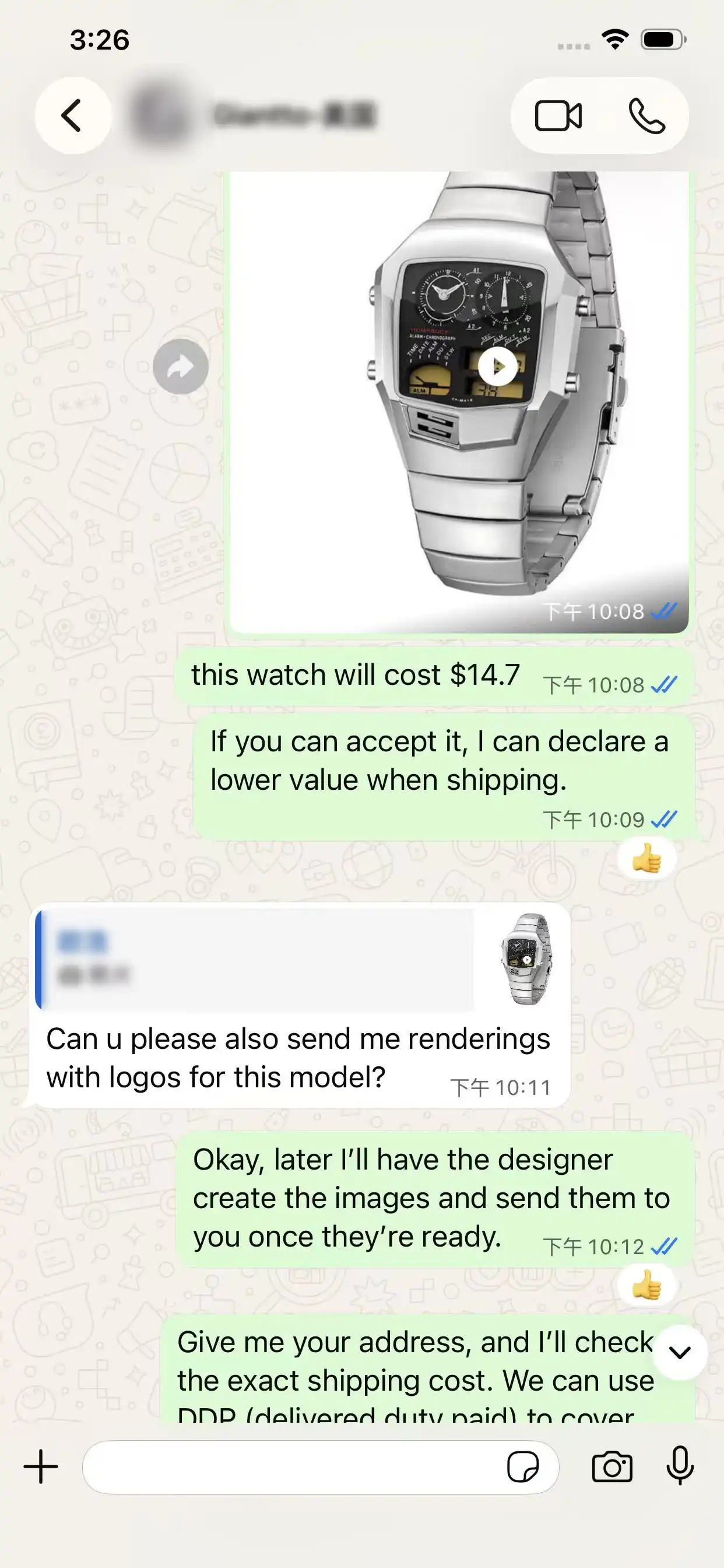 WhatsApp conversation — factory pricing, custom logo renderings, and DDP shipping